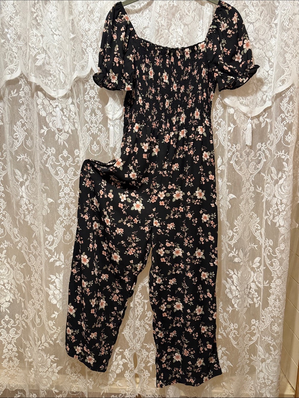 Smocked Floral Puff-Sleeve Jumpsuit - Black with Pink Floral
